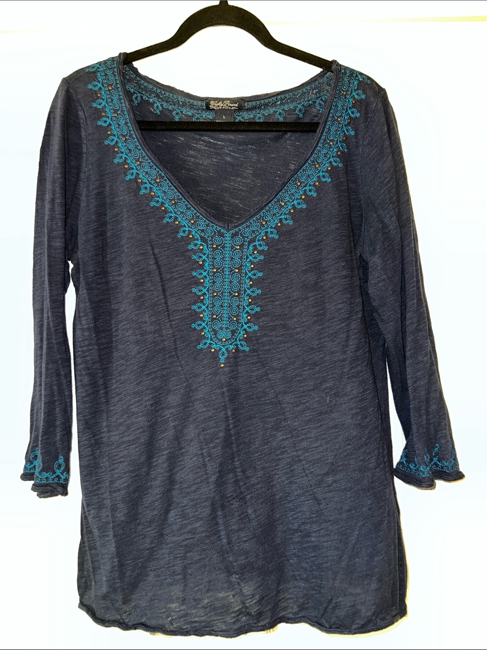 Lucky Brand Navy Long-Sleeve V-Neck Top with Turquoise Embroidery Large